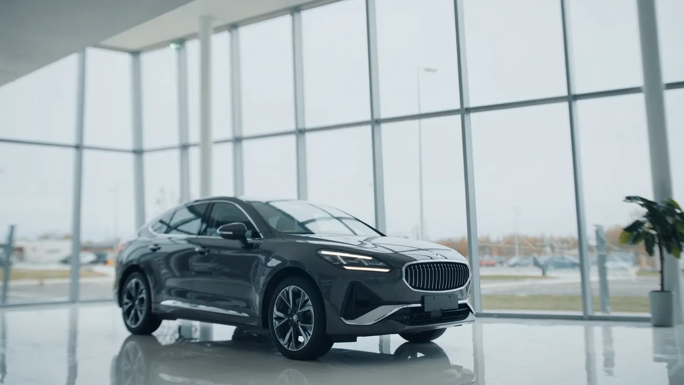 A modern car dealership showroom with a gleaming new car