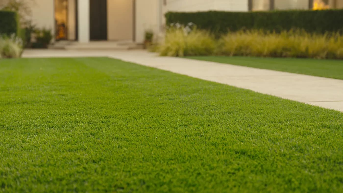 A beautifully landscaped front yard with a manicured lawn at golden hour