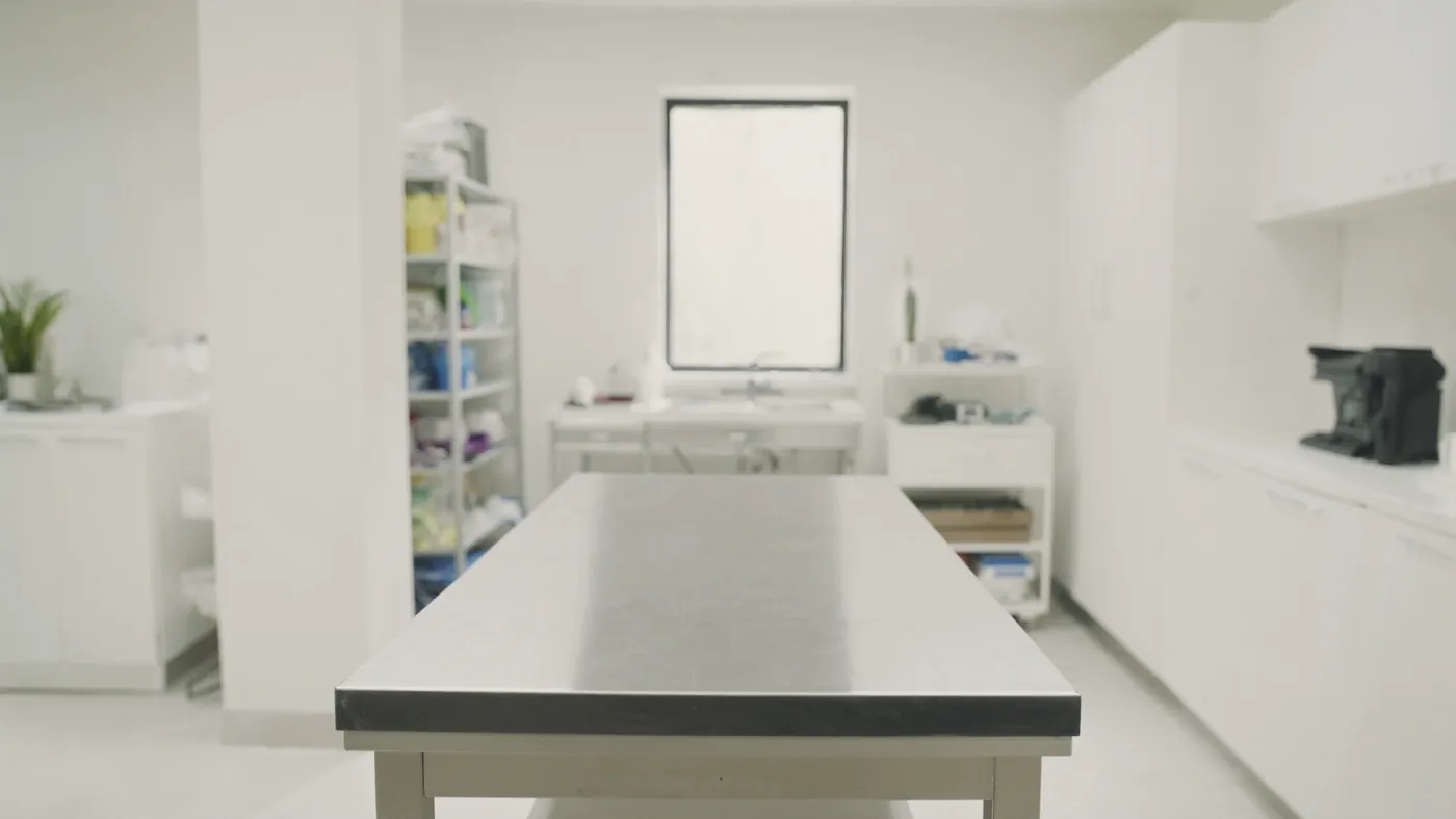 A clean modern veterinary exam room, bright and friendly