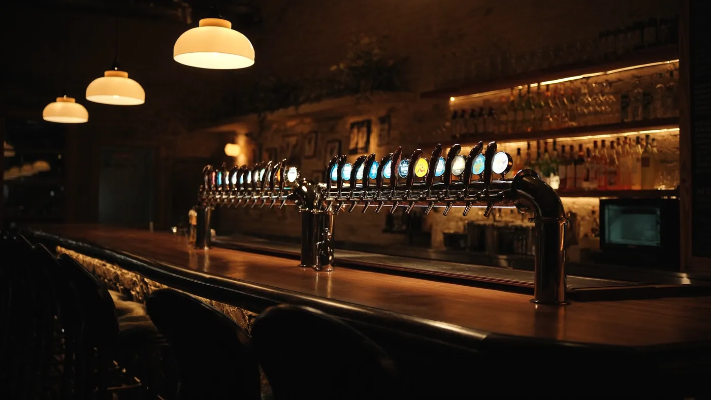 A warm taproom at dusk, brass tap handles lit over a polished bar and a full house behind them