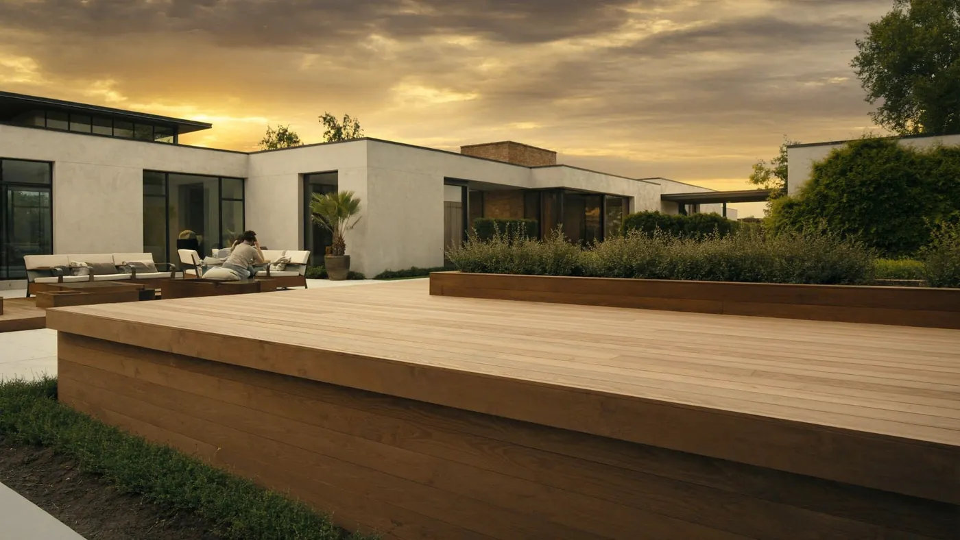 A finished custom deck at golden hour, the clean kind of work that wins the next job